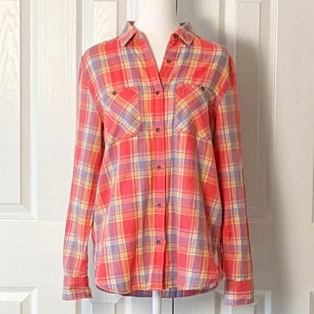 TRUE RELIGION Women's Long Sleeve Flannel Shirt Top Size S Pink Multi Plaid